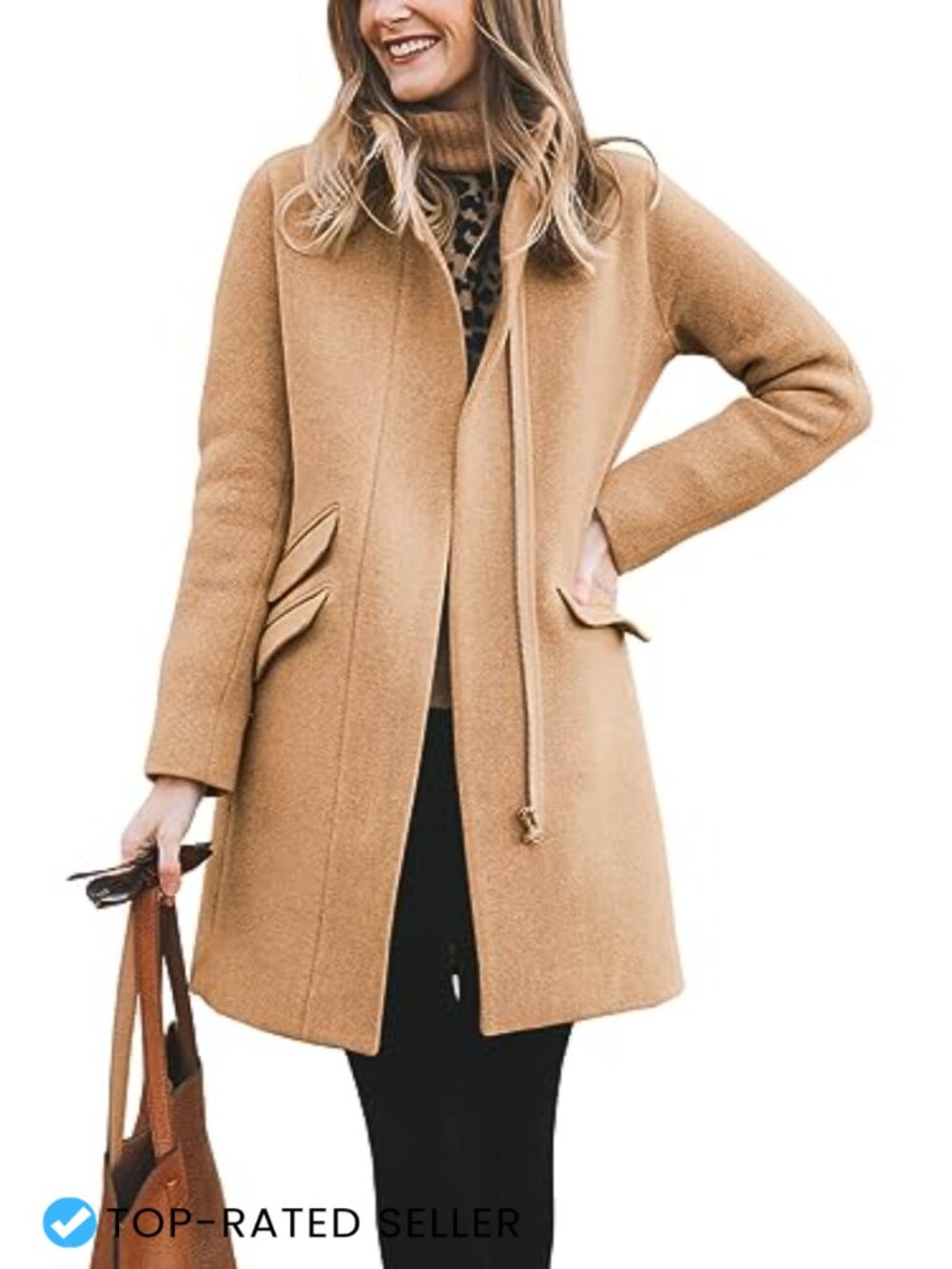 Wool Blend Long Peacoat Zip-Up Funnel Neck Winter Coat